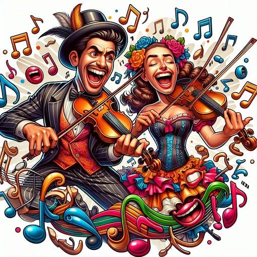 A vibrant illustration of two violinists performing on stage with humorous expressions, surrounded by music notes and comedic elements, evoking the spirit of Twoset Violin.