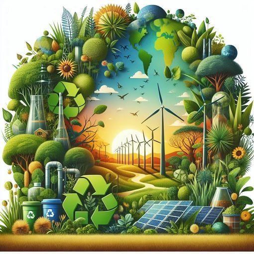 Create a vibrant and educational image featuring elements of sustainability such as green landscapes, recycling symbols, renewable energy sources, and diverse plant life, reflecting a positive impact on the environment.