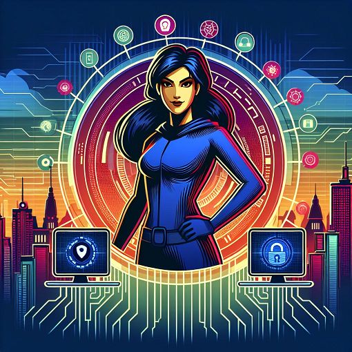 A vibrant and colorful illustration of a superhero computer hacker woman in a futuristic cityscape, with technology elements and a heroic pose, representing Felicity Smoak from Arrow.