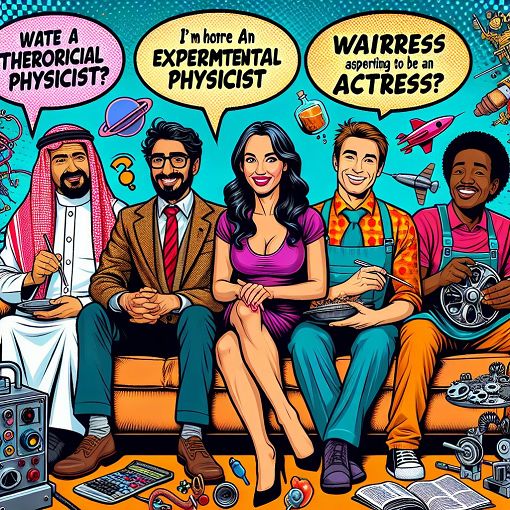 Create a vibrant and colorful illustration of the main characters from The Big Bang Theory, including Sheldon, Leonard, Penny, and others, sitting on a couch surrounded by science gadgets and comic books, with speech bubbles showing famous quotes from the show.