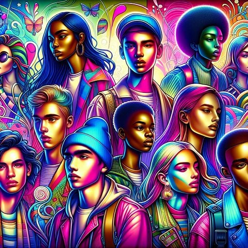 A vibrant and colorful illustration of characters inspired by Euphoria, featuring diverse styles, emotions, and a whimsical atmosphere.