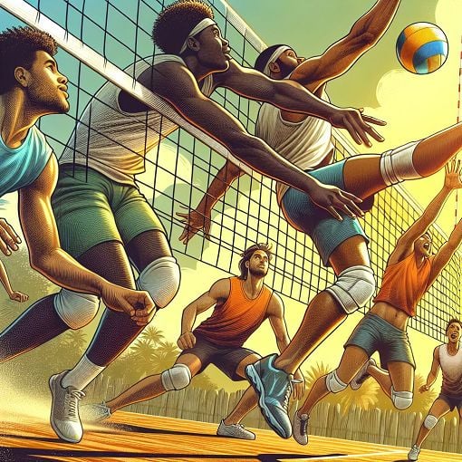 An illustration of a volleyball game in action, featuring players diving for the ball and a detailed volleyball net, bright colors, and a dynamic outdoor setting.