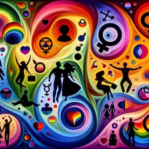 A vibrant and abstract representation of different sexual identities and preferences, featuring diverse silhouettes and symbols to represent joy and intimacy, colorful background.