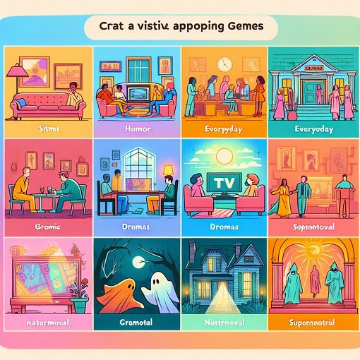 A colorful illustration depicting various TV show genres, such as sitcoms, dramas, and supernatural themes, creating an inviting atmosphere for viewers who are looking for their next favorite show to watch.