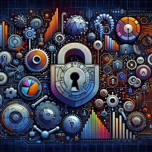 A modern digital illustration representing data protection laws, privacy symbols like locks and shields, and technology such as artificial intelligence and data analytics.