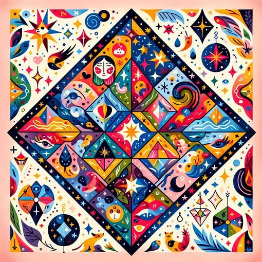 A whimsical, colorful illustration featuring diamond motifs intertwined with elements like stars, animals, and symbols representing various personality traits and emotions, suitable for a fun personality quiz.