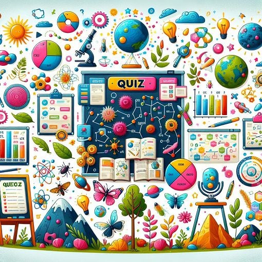 A colorful and engaging illustration of a quiz with elements related to science, nature, and fun facts, incorporating vibrant colors and educational themes.