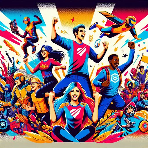 A colorful and dynamic illustration showing a diverse group of VALORANT esports players celebrating together in a vibrant gaming arena, with elements representing various fandoms like superheroes, anime, and sports.