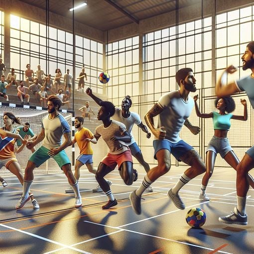 A vibrant handball court scene with players in action, showcasing diverse athletes engaged in a competitive match.