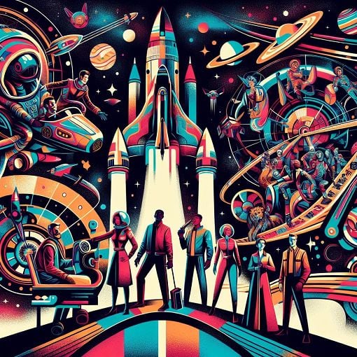 A vibrant, cosmic-themed illustration featuring elements from Star Trek: The Original Series, including a starship, various characters, and abstract space visuals, blended with vibrant colors and Disney park motifs.