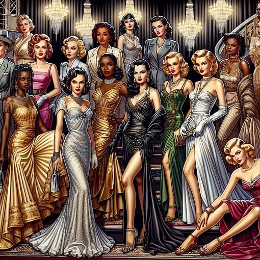 A glamorous vintage Hollywood scene featuring iconic Femme Fatales, dressed in 1940s and 1950s attire, set against a dramatic luxurious backdrop, capturing the essence of Old Hollywood.