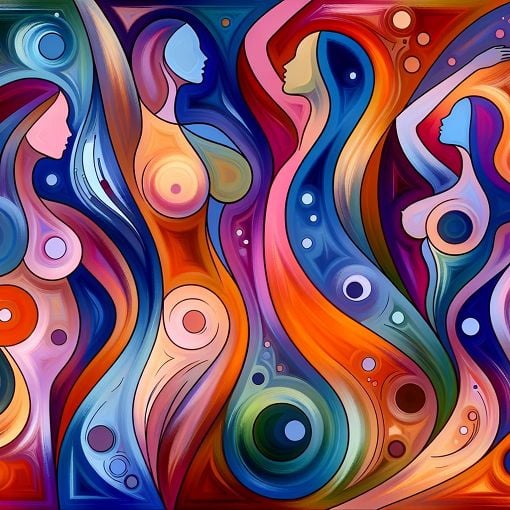 Create a colorful and playful digital artwork featuring abstract representations of different body types and sensual themes, evoking curiosity and exploration of desires.