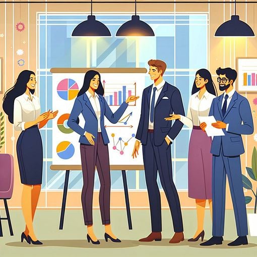 Create an image of a diverse group of professionals engaging happily in an office setting, showcasing teamwork and appreciation in a vibrant work environment.