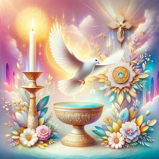 Create an image of a religious setting with symbols of the Holy Spirit, like a dove, and images representing the sacraments, such as a baptismal font and confirmation candle, with bright and uplifting colors.