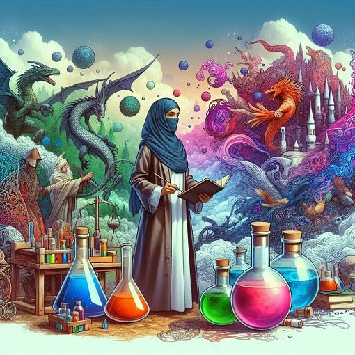 A whimsical illustration of a scientist standing in a fantasy landscape, with elements like potion bottles, magical creatures, a mysterious forest, and scientific instruments.