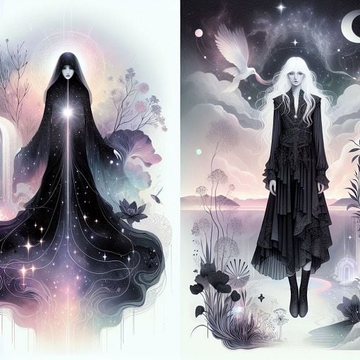 A mystical and whimsical illustration featuring elements from 'The Sandman' series, showcasing characters like Dream and Death with dream-like landscapes and ethereal designs.