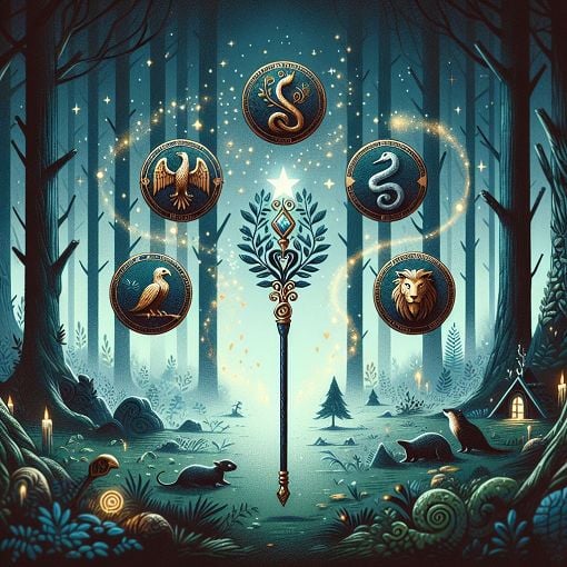 A mystical wand surrounded by magical sparkles, with a backdrop of an enchanted forest and elements representing Hogwarts houses.