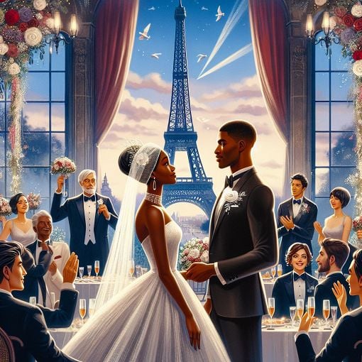 A romantic scene depicting a wedding celebration with Parisian elements, such as the Eiffel Tower in the background, a beautiful couple exchanging vows, and a festive atmosphere.