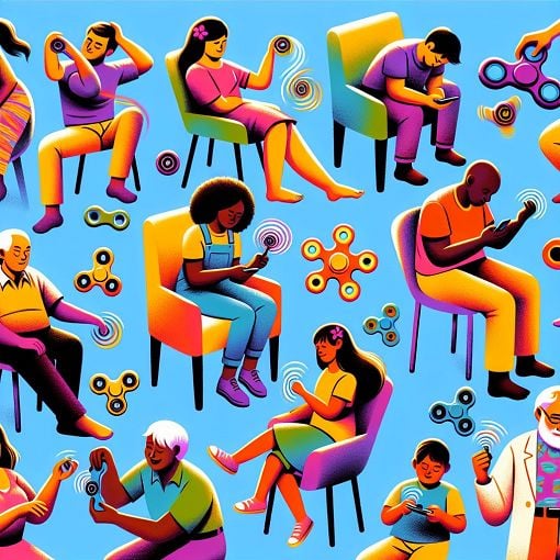 A colorful illustration showing diverse individuals engaging in various stimming behaviors, such as rocking in chairs, fidgeting, and expressing emotions in a positive environment.