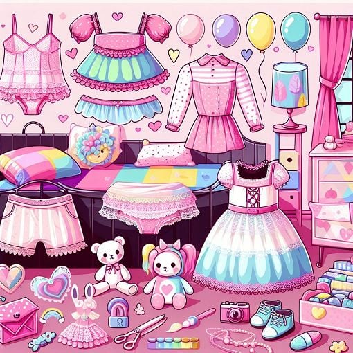 A whimsical and colorful illustration depicting a variety of sissy outfits and accessories, including playful elements like stuffed toys and pastel colors, set in a charming bedroom filled with pink decor, evoking a sense of fun and lightheartedness.