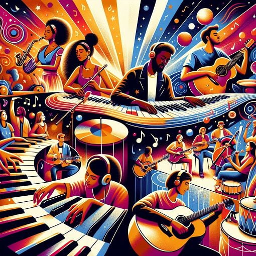 A vibrant and colorful illustration of various music genres with different instruments like guitars, pianos, and drums, depicting diverse people enjoying music in a lively atmosphere.