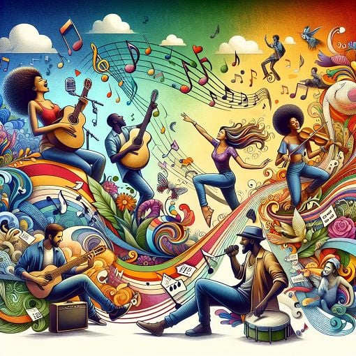 A vibrant, colorful illustration of animated characters from diverse backgrounds expressing their personalities and emotions, surrounded by elements like music notes, concert tickets, and nature scenes, to represent the fun and engaging theme of the quiz.