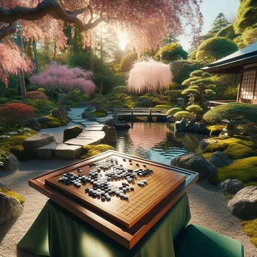 A serene Go game scene with a traditional wooden board, black and white stones laid thoughtfully, with a backdrop of a peaceful Japanese garden.