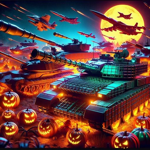 Create an image of a vibrant digital battlefield showcasing different tanks from World of Tanks Blitz, featuring Halloween themes, missile tanks, and engaging battle scenes with an animated touch.