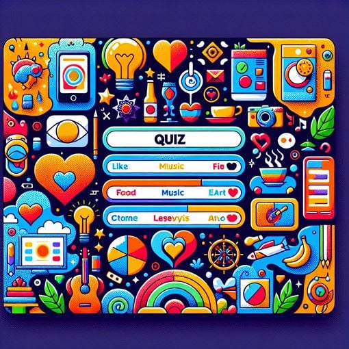 Generate an image of a fun and colorful quiz landing page themed around preferences, featuring stylish and vibrant graphics with playful elements related to the topic.