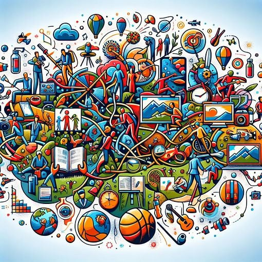 A colorful illustration depicting hobbies and professions, with elements representing outdoor activities, arts, sciences, and sports intertwined in a vibrant landscape.