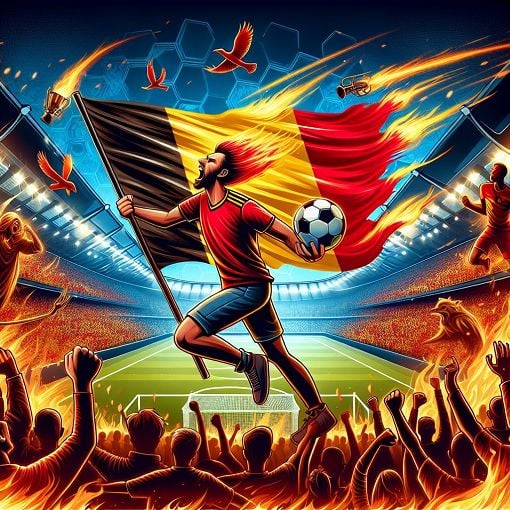 Create an image of a passionate football fan holding a Belgian flag, surrounded by iconic elements representing the Belgian national team, like the team's logo and famous players. The background shows a football stadium filled with cheering fans.