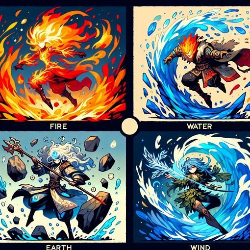 An artistic depiction of various Fire Emblem character affinities, featuring vibrant colors and dynamic poses showcasing fire, water, earth, and wind themes.