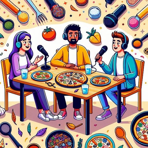 A colorful illustration of three animated characters representing podcast members sitting around a table, discussing food, with pizza and spice elements in a lively atmosphere.