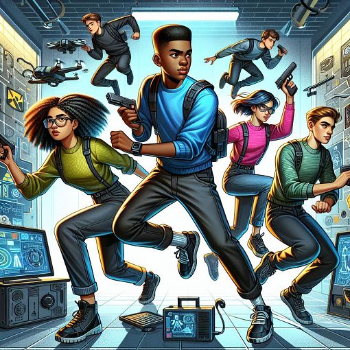 A vibrant and adventurous illustration depicting a mix of teenage spies in action poses, set against a backdrop of a secret spy school and high-tech gadgets.