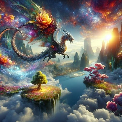 A fantasy landscape inspired by Genshin Impact, featuring elements like a floating island, vibrant flowers, and a majestic dragon in the sky.