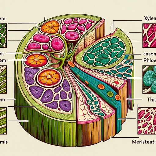 An educational illustration showing various plant tissues like xylem, phloem, and meristematic tissues in a colorful and engaging style, suitable for a school setting.