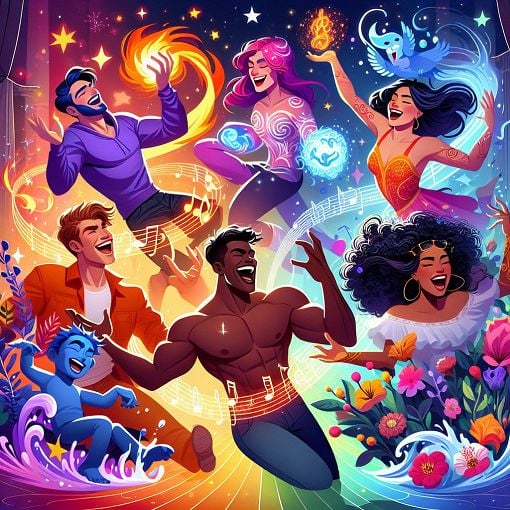 Create an image of colorful, energetic characters that represent a group of super-powered friends, surrounded by whimsical elements like stars, music notes, and playful backgrounds, with a fun and vibrant style.