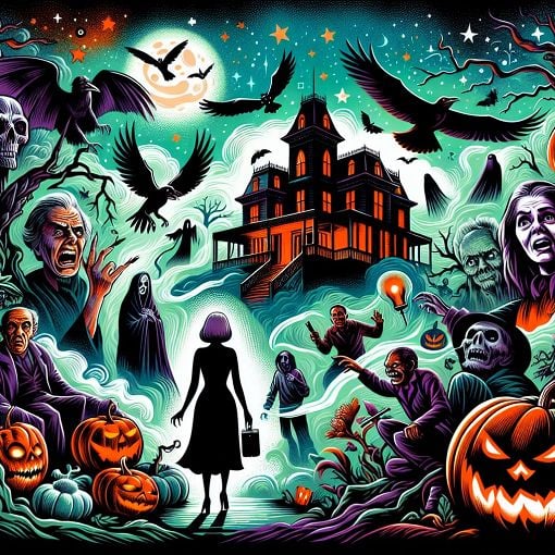 A vibrant illustration featuring iconic horror movie elements like a spooky house, shadowy figures, and colorful representations of different horror tropes. Include elements like a final girl, a killer, and a dark forest, with a dramatic sky to set the mood.