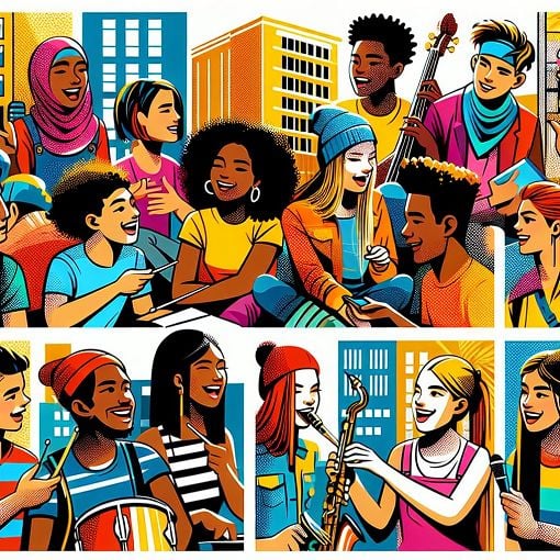 A colorful, dynamic illustration of characters inspired by various Skam remakes, featuring teens in a vibrant urban setting, emotionally connected and engaging in activities like talking, laughing, and performing music.