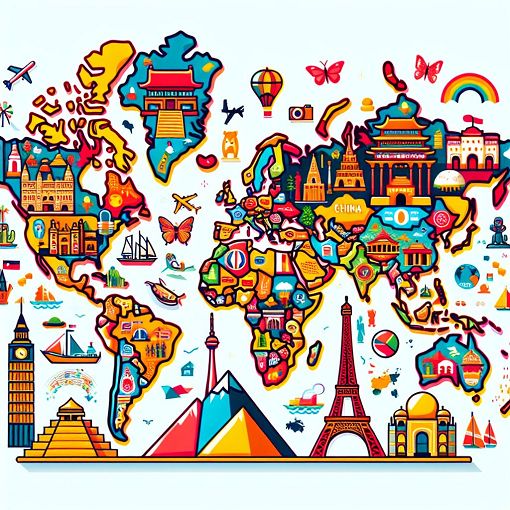 A vibrant world map highlighting different countries with icons representing cultural landmarks from each country