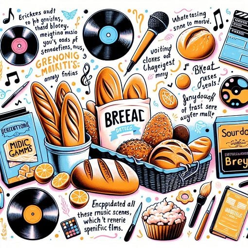 Create a whimsical and colorful illustration of different types of bread surrounded by music albums, movie scenes, and playful quotes about bread in a light-hearted atmosphere.