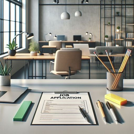 A visually engaging design featuring a job application with writing tools and a checklist, in a modern office environment.