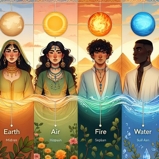 Create a visually appealing illustration depicting various personality types represented by different elements (earth, air, fire, water) with a warm, inviting background.