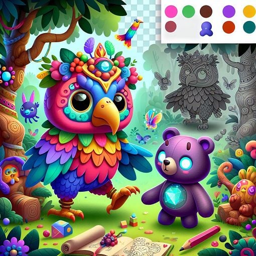 A colorful and whimsical illustration of a Banjo-Kazooie character in a vibrant, enchanted forest setting, surrounded by playful creatures and magical artifacts.