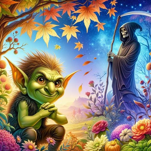 An enchanting illustrated scene featuring a goblin and a grim reaper in a mystical landscape, with elements like falling maple leaves and blooming flowers, showcasing a blend of fantasy and emotion.