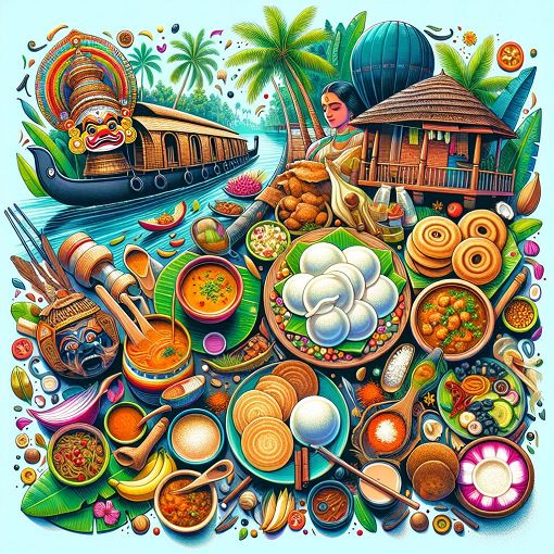 A colorful and vibrant depiction of Kerala's culture, featuring a traditional breakfast spread, local beverages, and iconic elements of Mallu life.