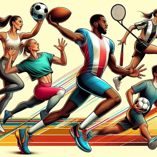 A vibrant illustration of diverse athletes in action, showcasing various sports such as football, basketball, soccer, and track, with an energetic and fun vibe.