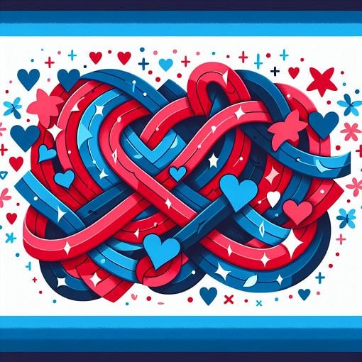 A vibrant and playful illustration representing LGBTQ+ themes, featuring red and blue colors intertwined with hearts, stars, and playful elements that convey love and friendship.