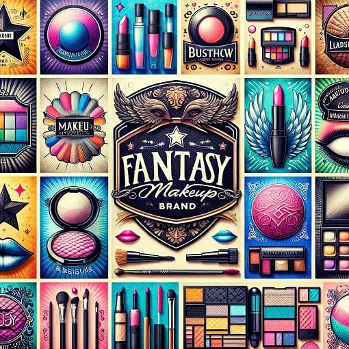 A vibrant and colorful collage of makeup brand logos, showcasing a variety of cosmetics packaging in an artistic layout, appealing to beauty lovers.