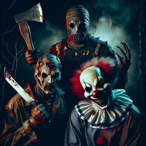 A vibrant collage of popular horror movie characters such as Jason Voorhees, Freddy Krueger, and Pennywise in a dark forest setting, with spooky elements like fog and shadows, showcasing the essence of fear and suspense in horror films.